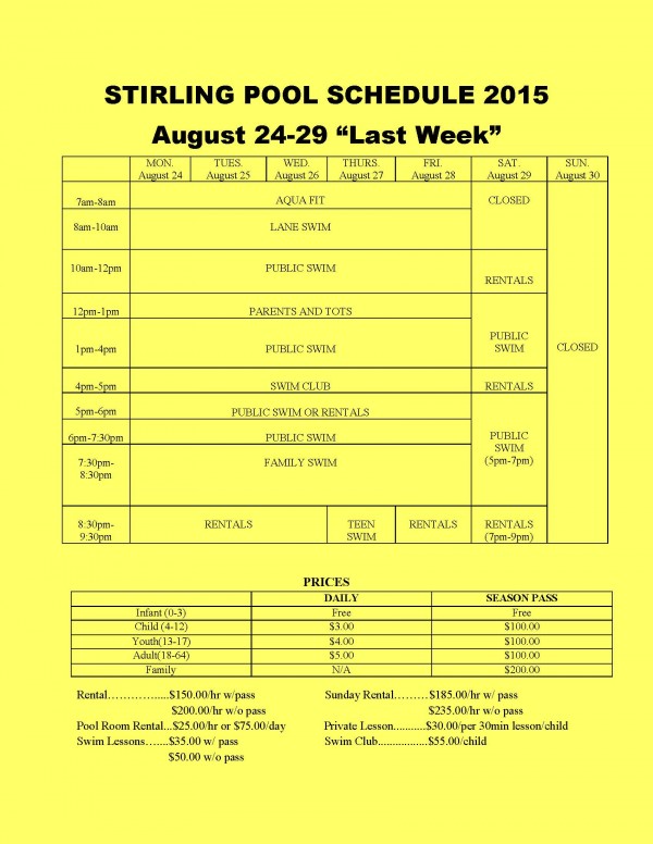 pool schedule 2015 - August 24-29