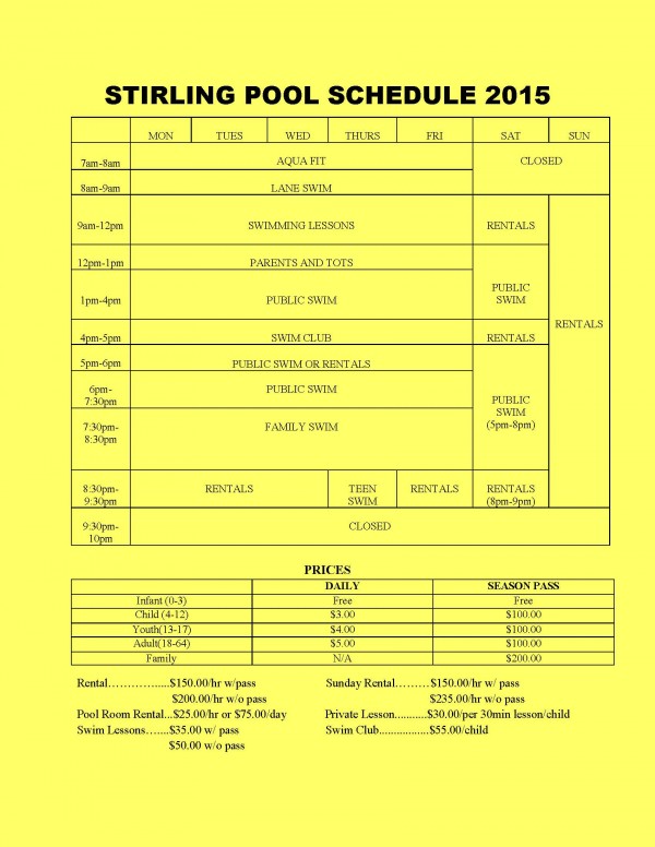 pool schedule 2015 - July-August