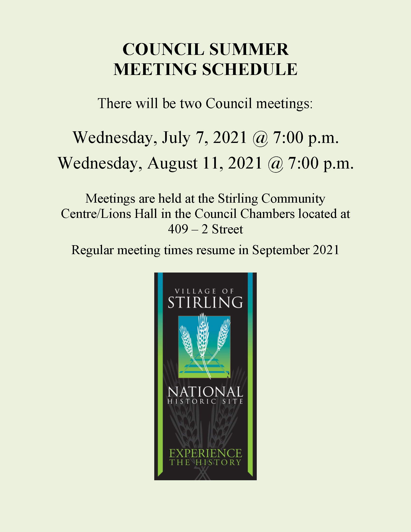 2021 Council Summer Meeting Schedule | Village of Stirling