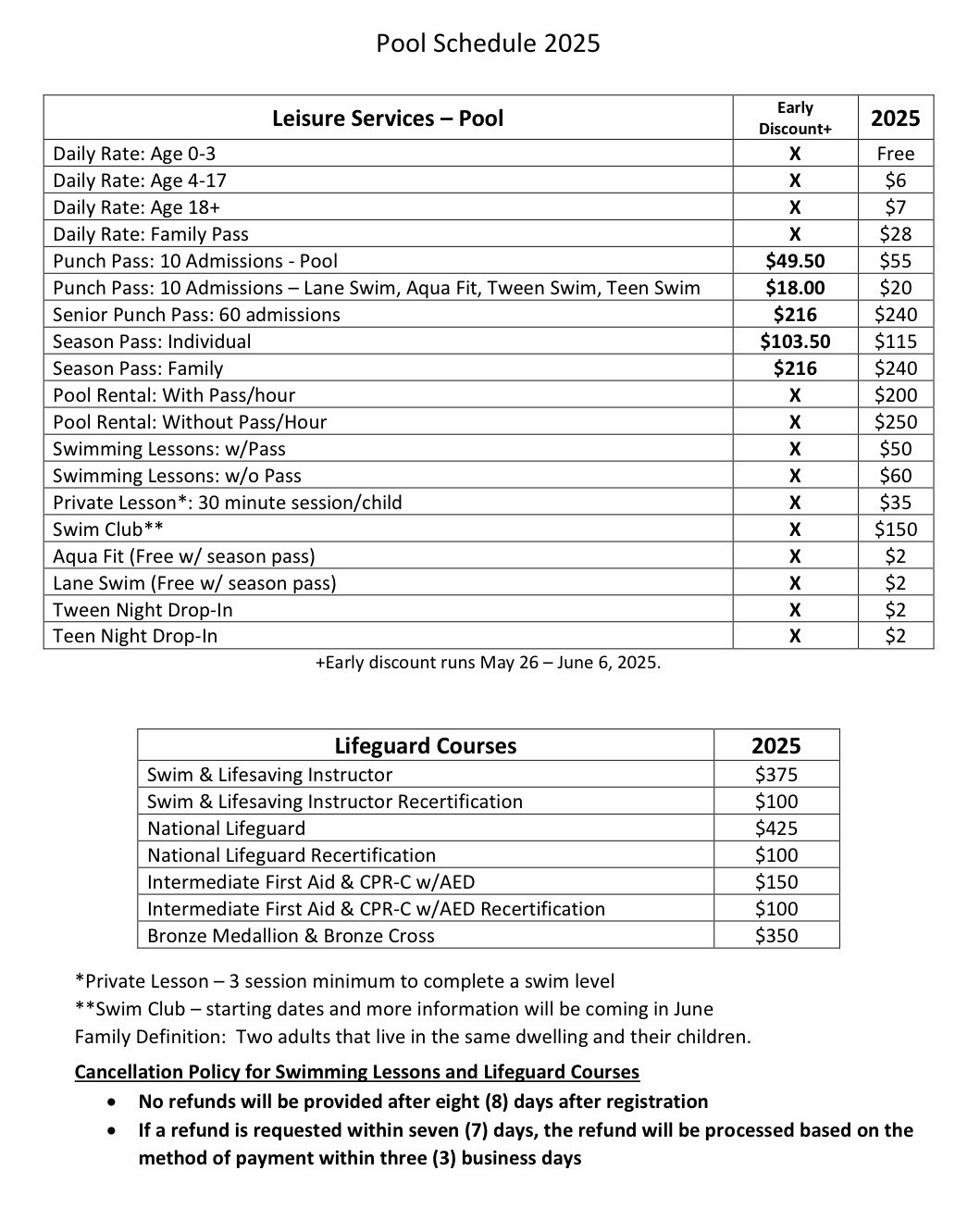 2025 Pool Fees