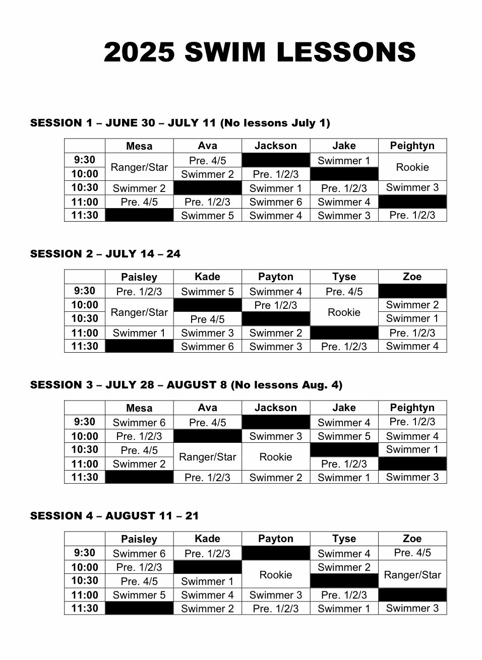 2025 Pool Fees