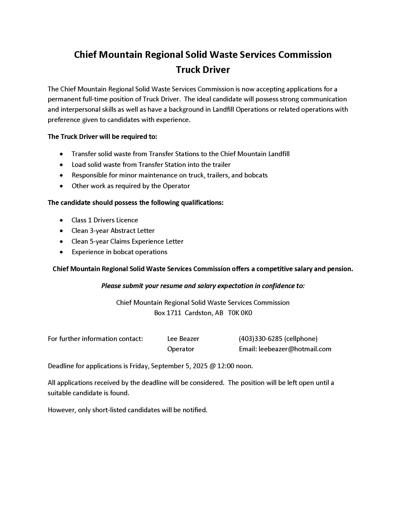 CMRSWSC - Truck Driver Needed