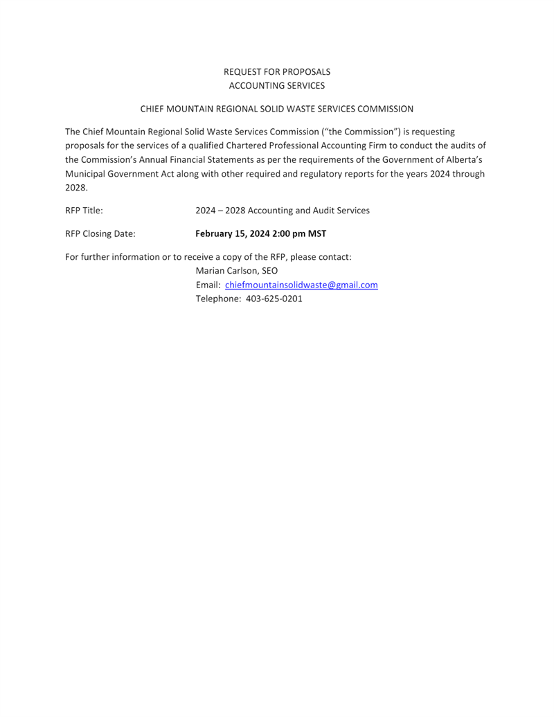 Chief Mountain Regional Solid Waste Services: Request for Proposal &#8211; Accounting Services