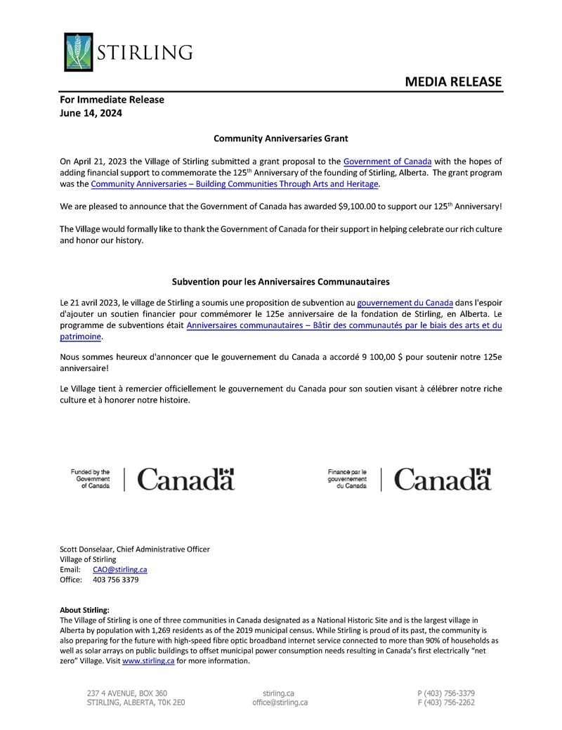 Media Release - Gov't of Canada Anniversaries Grant