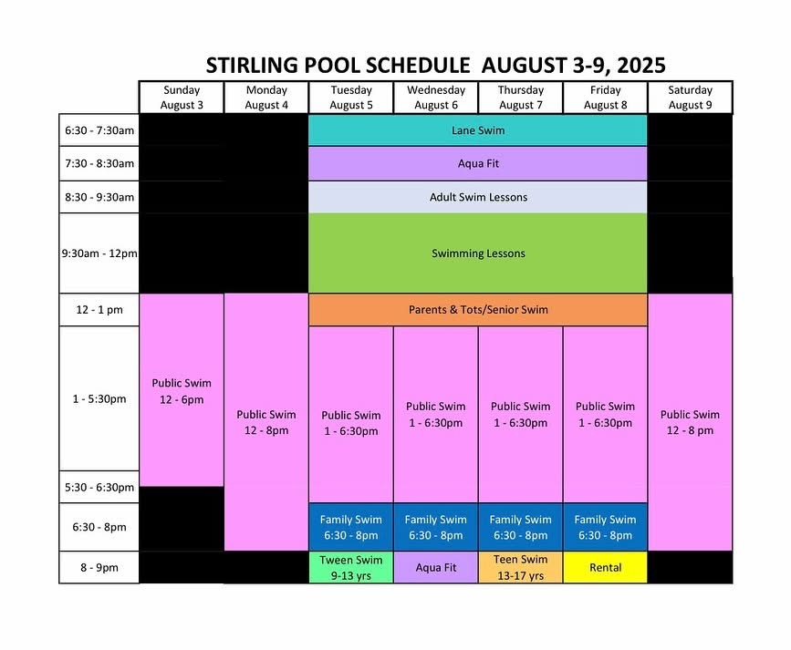 Pool Schedule August 3-9, 2025