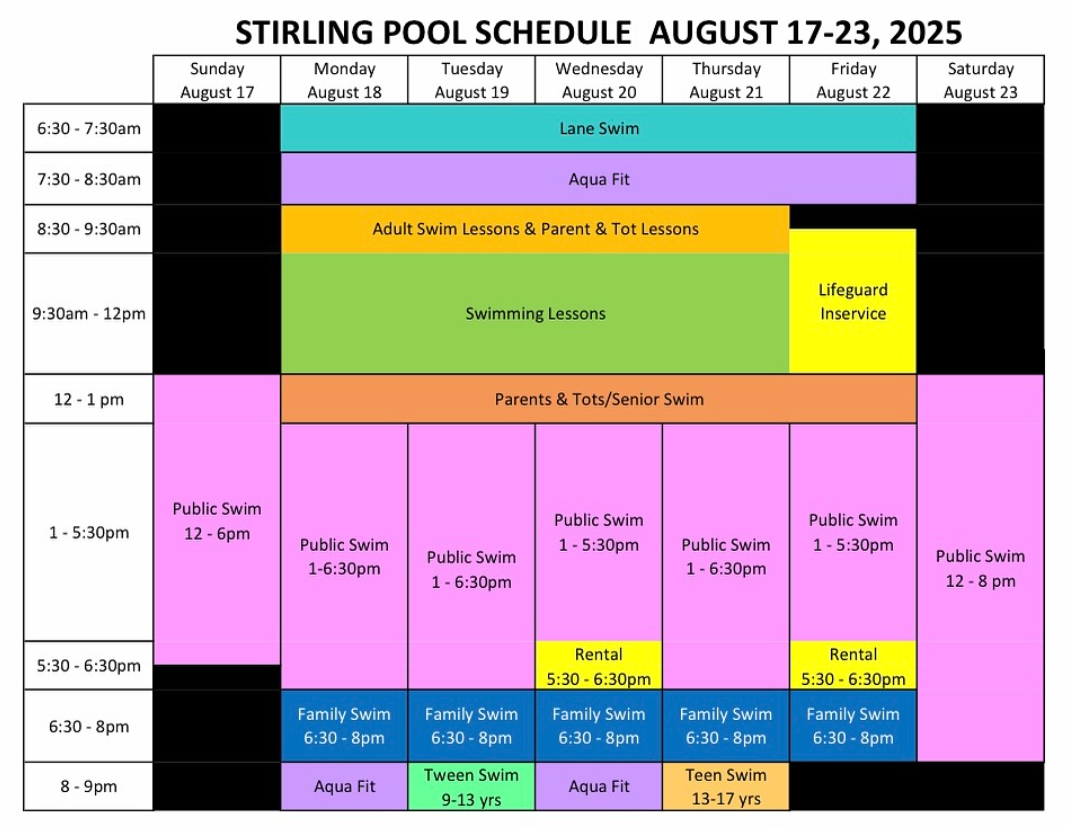 Pool Schedule August 17 - 23, 2025