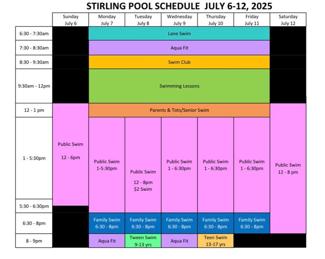 Pool Schedule July 6 - July 12, 2025