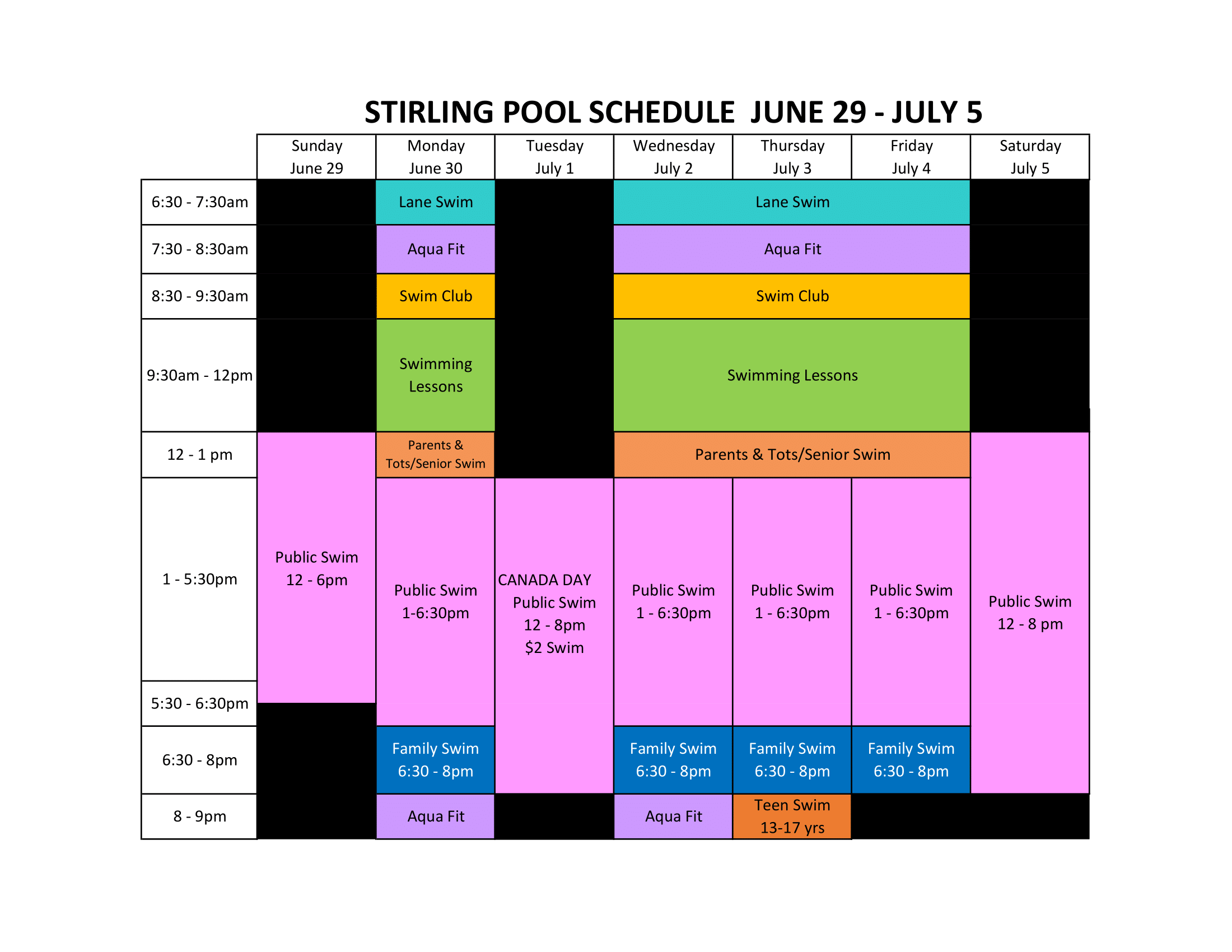 Pool Schedule June 29 - July 5, 2025