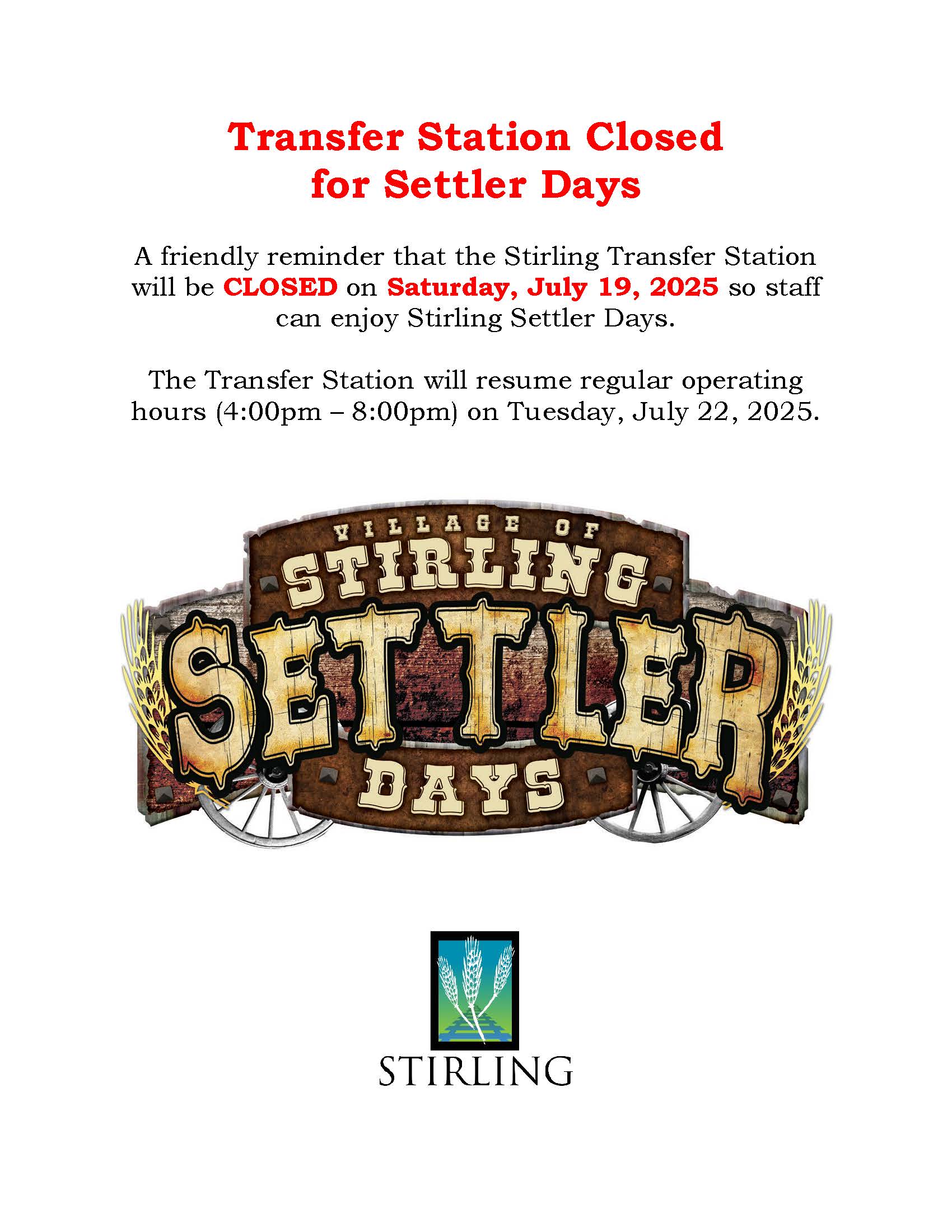Transfer Station - Closed for Settler Days 2025