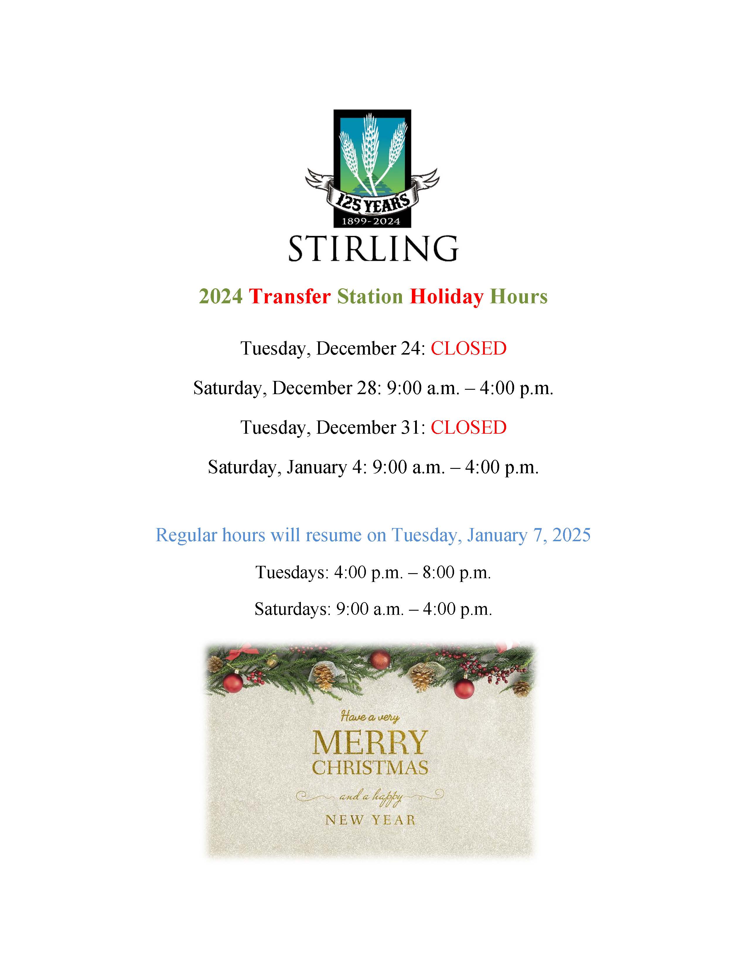 Transfer Station Hours: 2024 Holiday Schedule