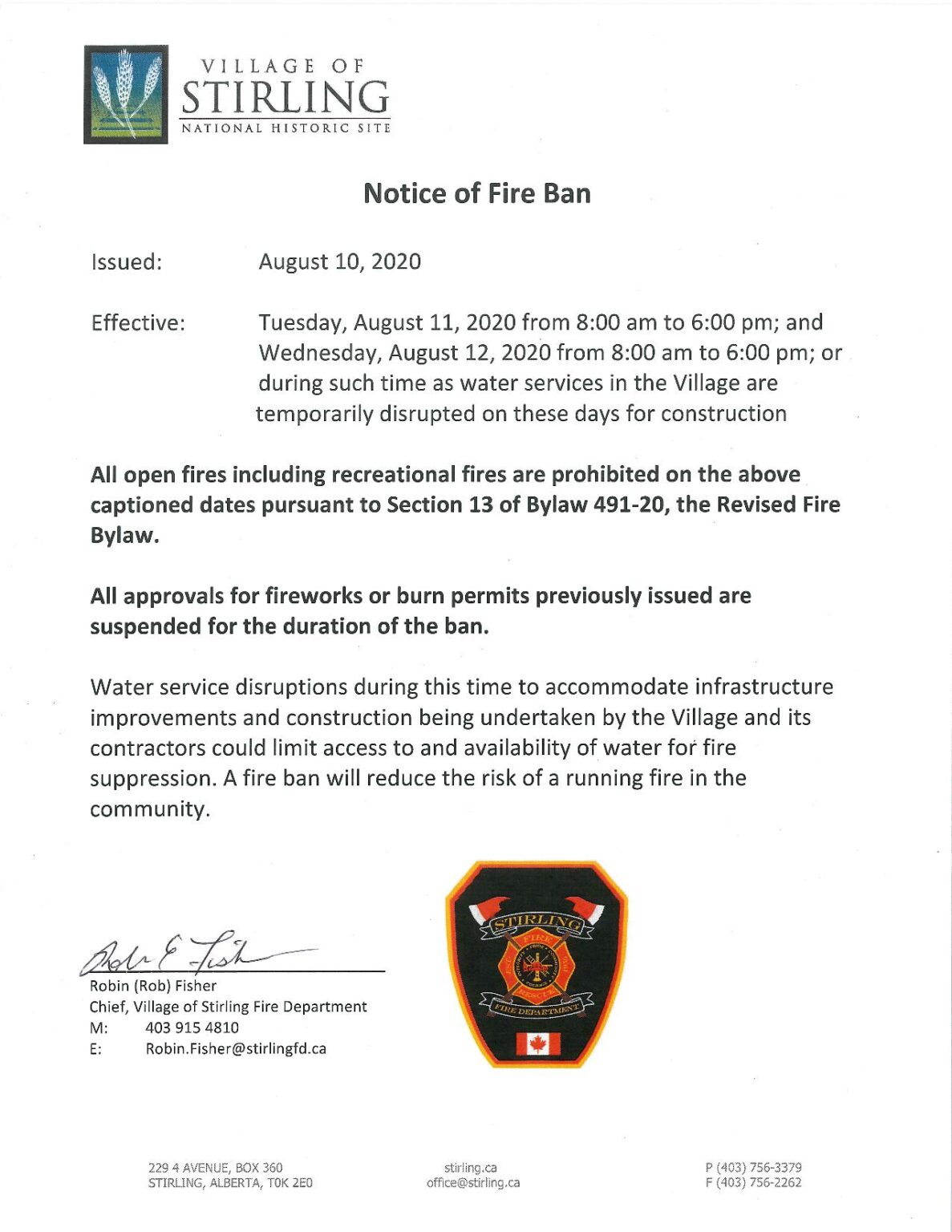 Notice of Fire Ban | Village of Stirling